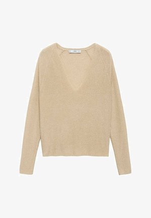 Beige schimmernder Pullover mit V-Ausschnitt, langen Raglanärmeln und verkürztem Saum. Aus weichem, strukturiertem Strickmaterial gefertigt.