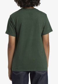 Zelené bavlněné tričko s krátkým rukávem a kulatým výstřihem. Má jednoduchý design a prošívaný lem, z pohledu zezadu.