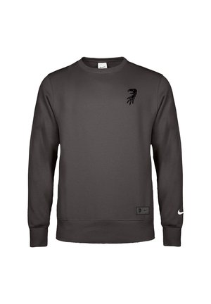 Mørkegrå sweatshirt med lange ærmer og rund hals med sort ørn-hovedlogo på brystet, Nike-logo på venstre ærmekant og lille patch nær sømmen.