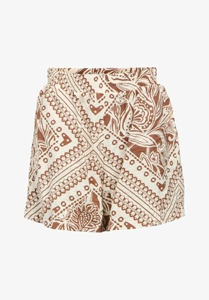 Brune og kremfargede shorts med et intrikat blomstermønster og geometrisk mønster, laget av teksturert stoff og med elastisk midje.