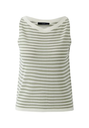 Ärmelloses Stricktop mit horizontalen hellgrünen und weißen Streifen, rundem Ausschnitt und gerippten Kanten.