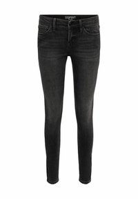 Jean denim noir slim pour homme avec poches avant et passants de ceinture, fermeture par bouton et zip, marqué Esprit New York à l’intérieur de la ceinture.