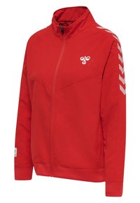 Red zip-up jacket with a high collar, white bee logo on chest, and white chevron stripes along the sleeves.