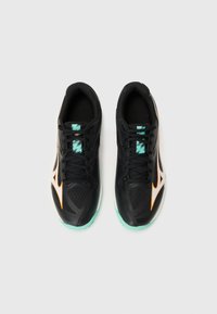 Black athletic shoes with mesh and synthetic upper, orange and teal accents, and a textured sole for grip. Features traditional lacing.