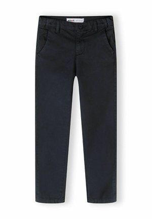 Pantalons en coton bleu foncé avec une coupe droite, deux poches avant, une fermeture à bouton et une texture subtile. Design minimaliste.