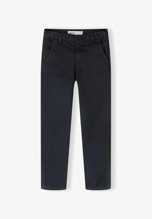 Dark blue cotton trousers featuring a straight-leg cut, two front pockets, a button closure, and subtle texture. Minimalist design.