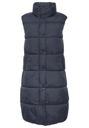 Gilet rembourré navy avec col haut, design sans manches, fermetures à pression à l'avant et rembourrage matelassé horizontal. Matière douce et légère.