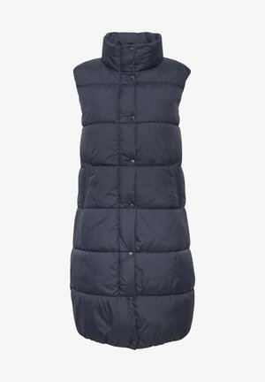 Mornarsko puffa brezrokavnik z visokim ovratnikom, zasnovo brez rokavov, sprednjimi zapiranjem na gumbih in vodoravnimi prešitimi blazinicami. Mehka, lahka tkanina.