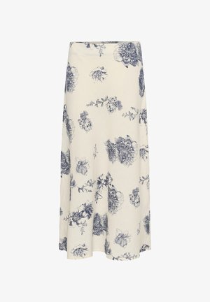 Kreemivärvi lilleline midi-seelik tumedate siniste botaaniliste mustritega. A-lõikega, voolava tekstuuriga, millel on erinevad lillemustrid.