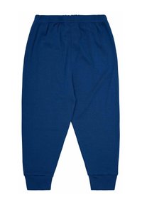Marineblaue Baumwoll-Sweatpants mit einem elastischen Bund, schmal zulaufenden Beinabschlüssen und einer weichen Textur. Keine sichtbaren Muster oder metallischen Details.