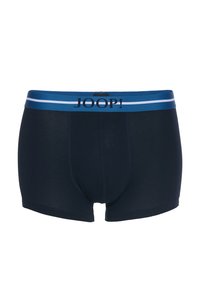 Pánské boxerky tmavě modré barvy s modrým pasem, na kterém je bílý pruh a černé logo "JOOP!" uprostřed vpředu.