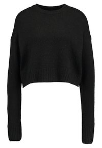 Czarny, krótki sweter z teksturowanej dzianiny. Posiada okrągły dekolt oraz długie rękawy z prążkowanymi mankietami i dolnym wykończeniem.