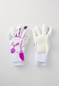 Baltieji vartininkų pirštinės su rožiniais ir juodais akcentais, tekstūruotas sukibimo paviršius, elastingi riešo gaubtai ir sustiprinta pirštų konstrukcija.