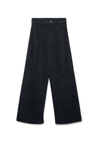 Pantaloni in corduroy neri a gamba larga con bottoni e passanti per cintura, dettagli di piega frontale e vita alta.