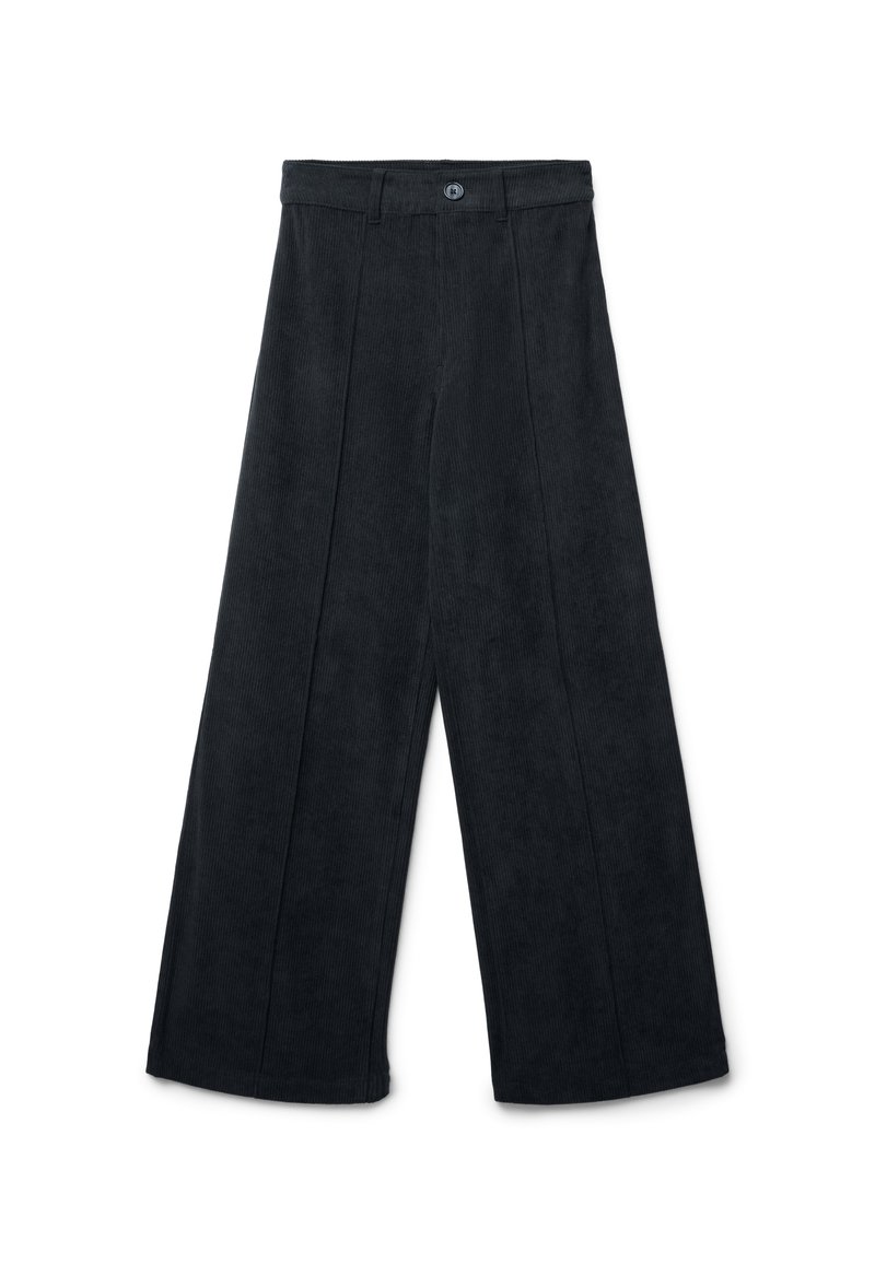 Pantaloni in corduroy neri a gamba larga con bottoni e passanti per cintura, dettagli di piega frontale e vita alta.