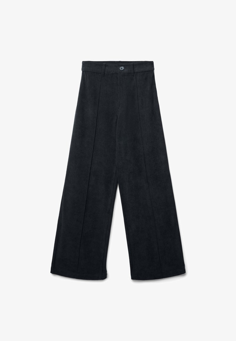 Pantaloni in corduroy neri a gamba larga con bottoni e passanti per cintura, dettagli di piega frontale e vita alta.