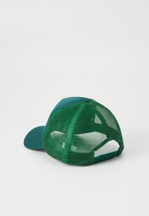 Boné de beisebol em malha verde com um painel frontal sólido, aba curva e tira traseira ajustável. Apresenta uma malha texturizada para respirabilidade.
