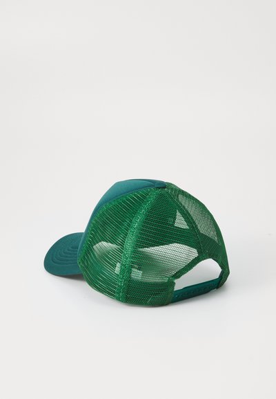 Casquette de baseball en mesh vert avec un panneau avant solide, une visière courbée et une sangle arrière ajustable. Présente un mesh texturé pour une meilleure respirabilité.