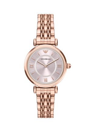 Roségoldene Uhr mit rundem Gehäuse, strukturiertem silbernem Zifferblatt, römischen Ziffern und einem geflochtenen Metallarmband. Verfügt über eine mit Kristallen verzierte Lünette.