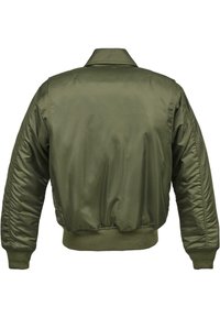 Olíva zöld bomber dzseki sima, fényes anyaggal, bordás mandzsettákkal és gallérral, valamint testhezálló derékkal. A hátsó nézet minimalista dizájn részleteket mutat.