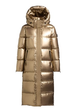 Złota pikowana kurtka puchowa z wysokim kołnierzem i kapturem. Posiada pikowany wzór, zamykane na zamek boczne kieszenie oraz długi, prosty fason.