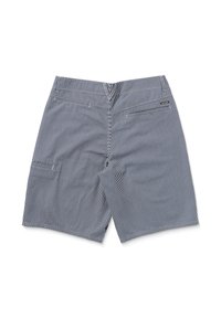 Men's shorts, striped pattern in navy blue and white, with back pockets and a standard waistband. Smooth fabric texture.