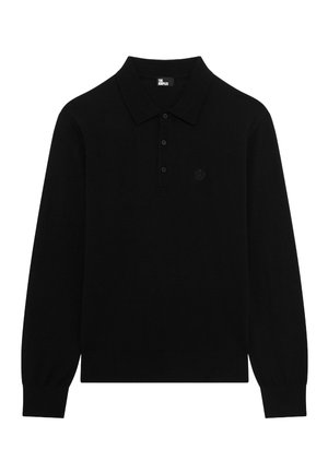 Polo à manches longues noir en tissu léger. Doté d'une patte de boutonnage à trois boutons, d'un col côtelé et d'un logo discret sur la poitrine.