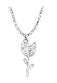 Sølvrorsmykke med en rosenpendant dekoreret med klare ædelsten, der fremhæver blad- og bladdesign, med et glat kædedesign.