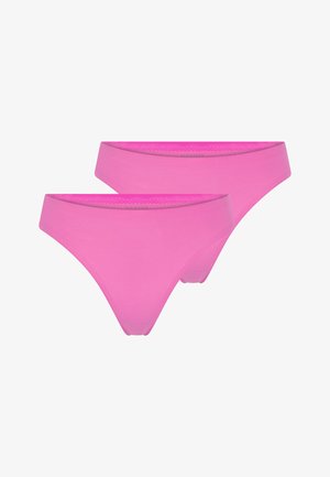 Zwei leuchtend pinke nahtlose Damen-Slips im Bikini-Stil, leicht überlappend gestapelt, vor weißem Hintergrund.