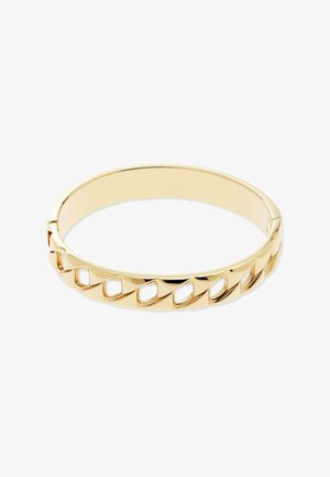Armband van metaal met gouden tint, met een ontwerp van schakels met uitsparingen, afgeronde randen en een gladde binnenkant.