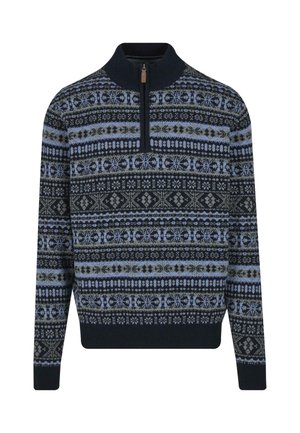 Dunkelblauer Strickpullover mit einem Viertel-Reißverschluss, versehen mit einem Muster in Hellblau, Grau und Schwarz, mit gerippten Bündchen und Saum.