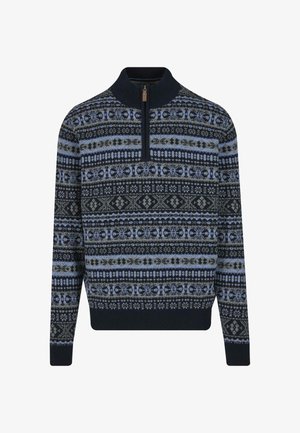 Dunkelblauer Strickpullover mit einem Viertel-Reißverschluss, versehen mit einem Muster in Hellblau, Grau und Schwarz, mit gerippten Bündchen und Saum.