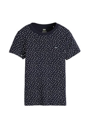 Navy blue short-sleeve t-shirt with white polka dots and a crew neckline. Features a small logo on the left side. Cotton material.