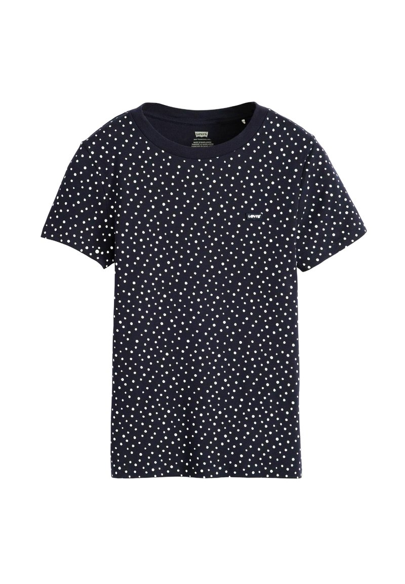 Camiseta de manga corta azul marino con lunares blancos y cuello redondo. Presenta un pequeño logo en el lado izquierdo. Material de algodón.