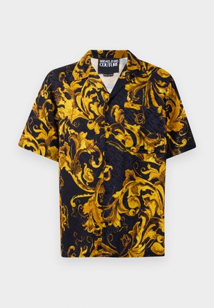 Juoda trumpaankovė marškinė su mygtukais, dekoruoti geltonais ir auksiniais barokinių gėlių raštais bei priekinėmis kišenėmis, vidinėje apykaklėje pažymėti Versace Jeans Couture.