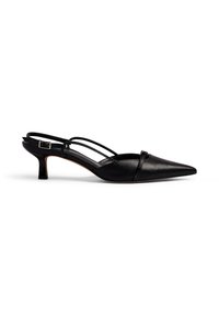 Must must nahk slingback kingad, millel on terav nina, tagasihoidlik rihmamine ja 5 cm kõrge konts. Sile tekstuur ja lihtne disain.