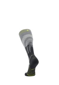 Calcetines de rodilla en gris y negro con un diseño texturizado, que presentan un patrón a rayas y un acento verde cerca del borde. Talón reforzado.