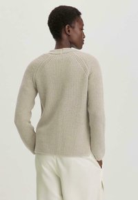 Suéter de punto beige claro con un patrón texturizado, mangas raglán y cuello redondo. La vista trasera muestra un dobladillo recto y puños ajustados.