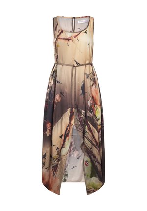 Vestido sin mangas de tejido ligero con un estampado multicolor de flores y pájaros, con cinturón en la cintura y un dobladillo asimétrico.