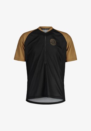 Men's short-sleeve cycling jersey in black with tan accents. Features a half-zip front, breathable fabric, and a logo on the chest.