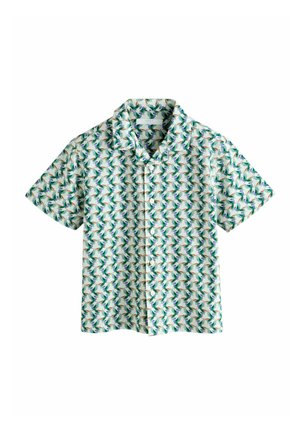 Short-sleeve button-up shirt with an all-over green and blue hummingbird pattern on a white background.