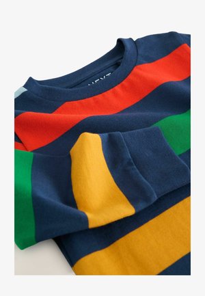 Maglione multicolore a righe con strisce blu, rosse, verdi e gialle. Realizzato in un tessuto morbido, con collo rotondo e polsini a coste.
