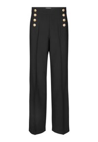 Schwarze Hose mit weitem Schnitt, ausgestattet mit goldenen dekorativen Knöpfen an der Seite, aus einem glatten Stoff mit Falten.