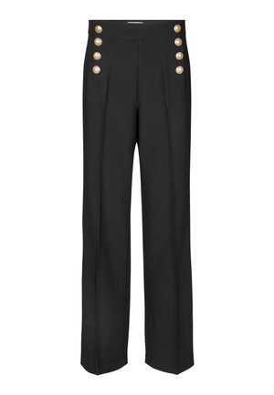 Pantaloni neri con taglio a gamba larga, dotati di bottoni decorativi dorati sui lati, realizzati in un tessuto liscio con pieghe.