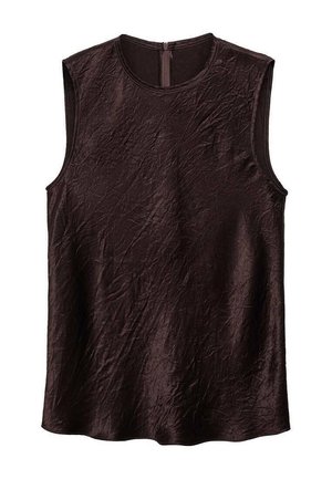 Top senza maniche di un marrone scuro, realizzato in un tessuto testurizzato, con scollatura rotonda e una discreta chiusura con cerniera sul retro.