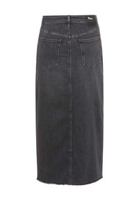 Mørkegrå denim midi-nederdel med lige snit, frynset kant og to baglommer. Har mærket i taljen og enkel syning.
