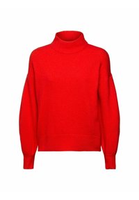 Roter, langärmeliger Strickpullover mit Rollkragen, gerippten Bündchen, Saum und Kragen, auf weißem Hintergrund dargestellt.