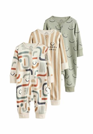 Tre baby-bodystockings med lange ærmer; én grøn med sorte smileys, én beige med lodrette striber og teksten "Happy Days", én mønstret med flerfarvede former.