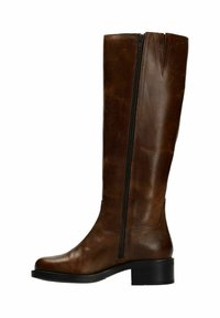 Brown leather knee-high boot with a side zipper, rounded toe, and a chunky black heel. The upper features a smooth texture and slight sheen.