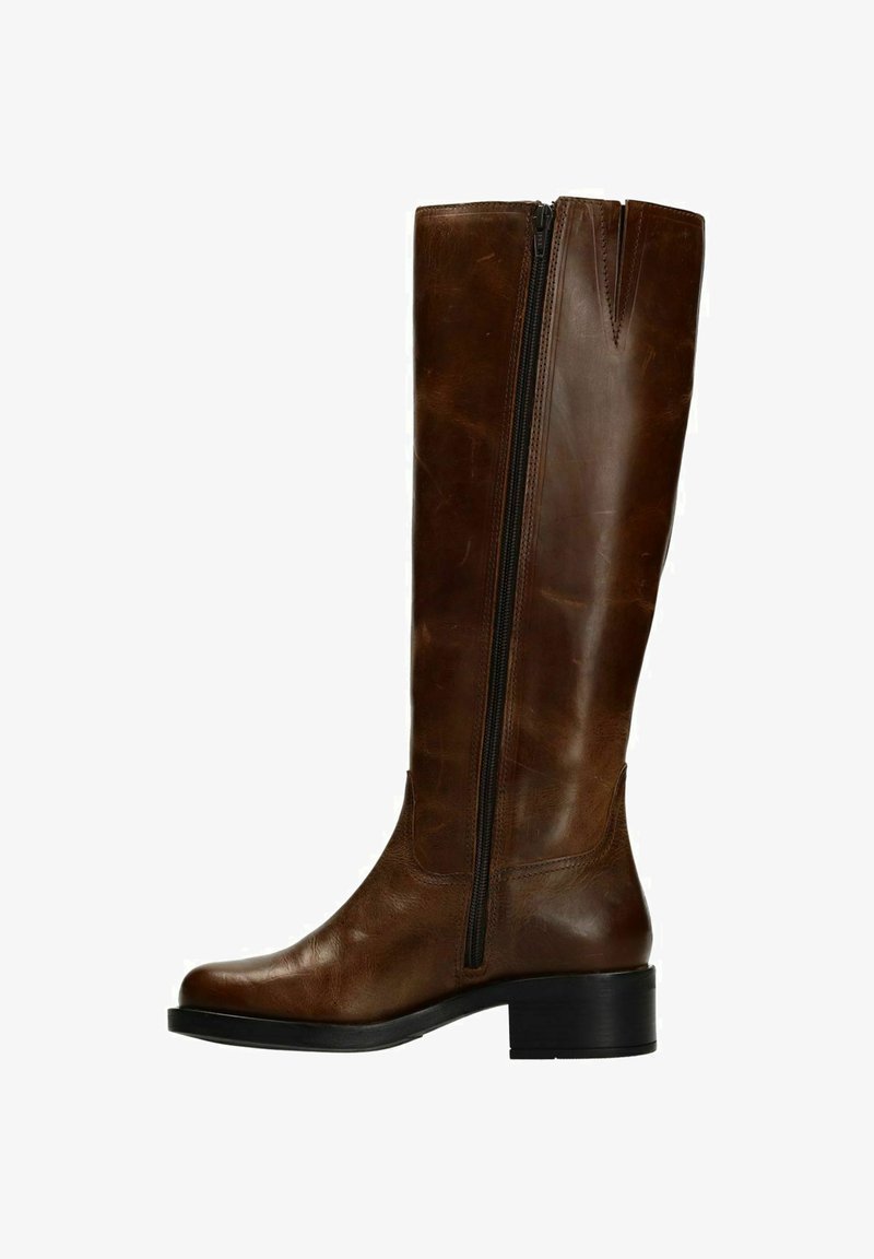 Brown leather knee-high boot with a side zipper, rounded toe, and a chunky black heel. The upper features a smooth texture and slight sheen.